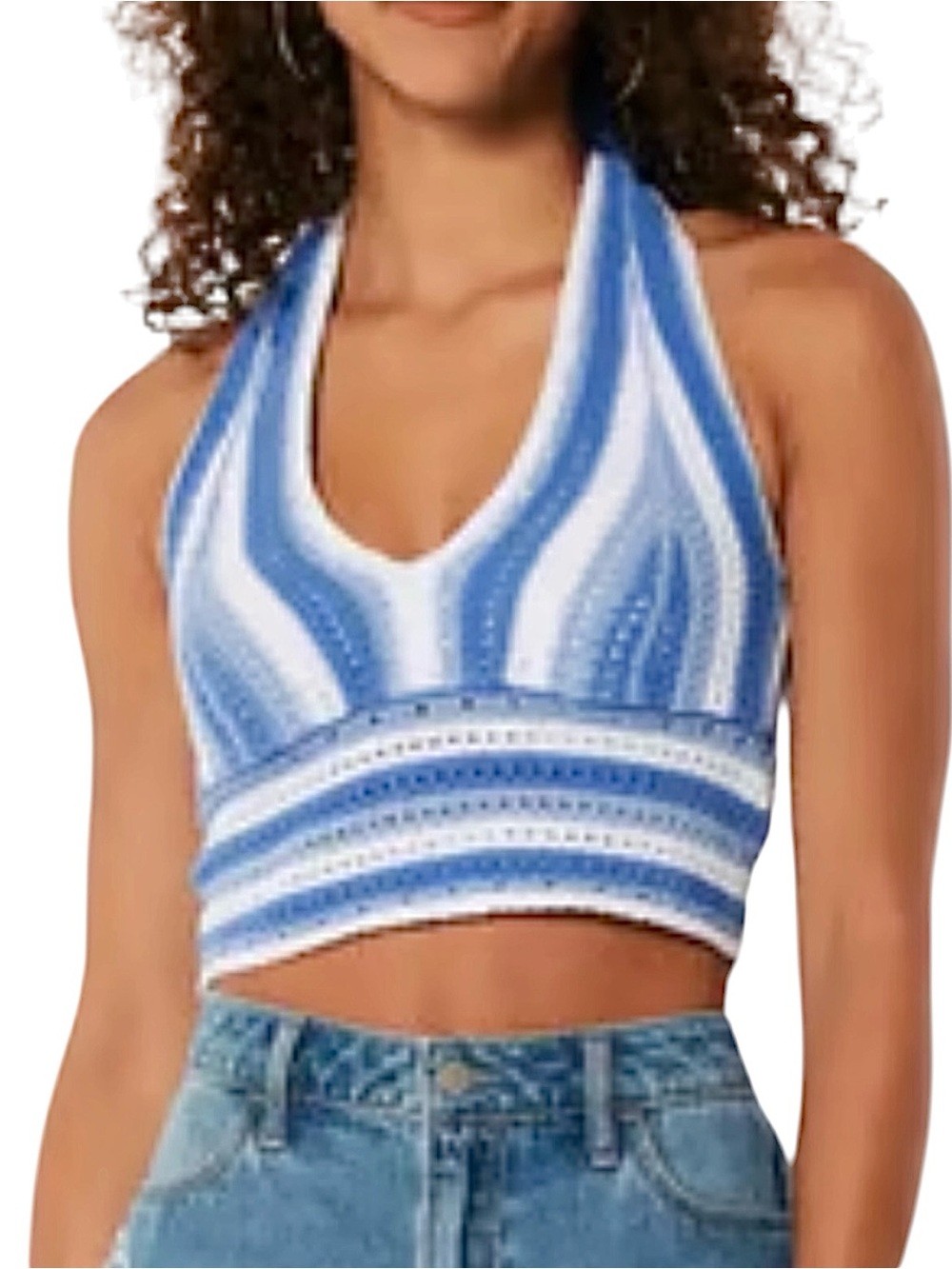 HOLLISTER BLUE & WHITE STRIPED CROCHET HALTER TOP SZ MED